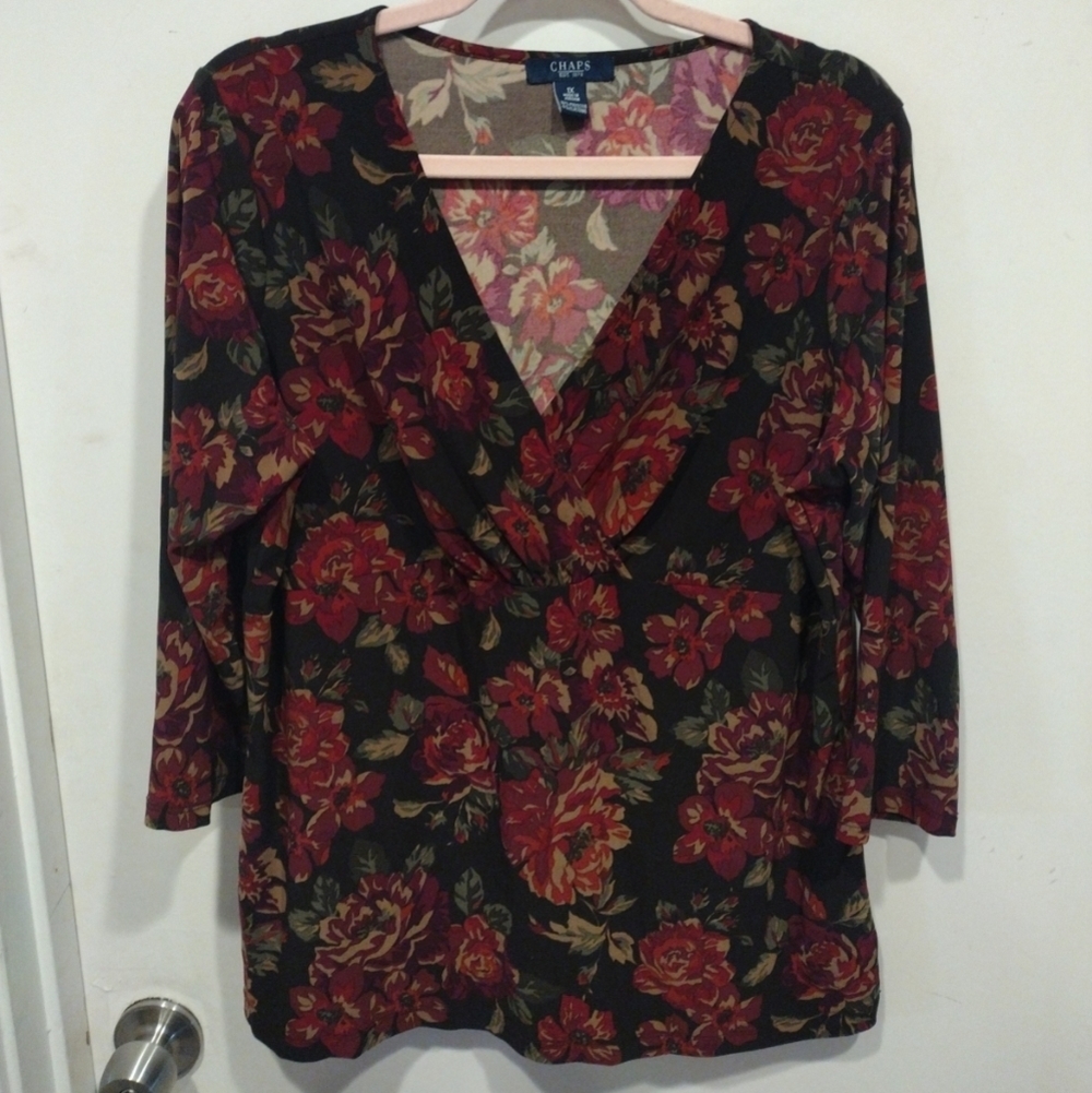 Chaps Women's Dark Floral Surplice Front Y2K Style Slinky Knit Top Sz 1X-Career